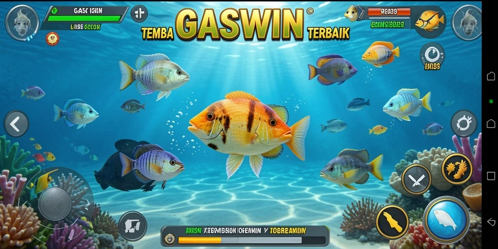 Screenshot GASWIN menampilkan aksi seru berburu ikan di bawah laut.