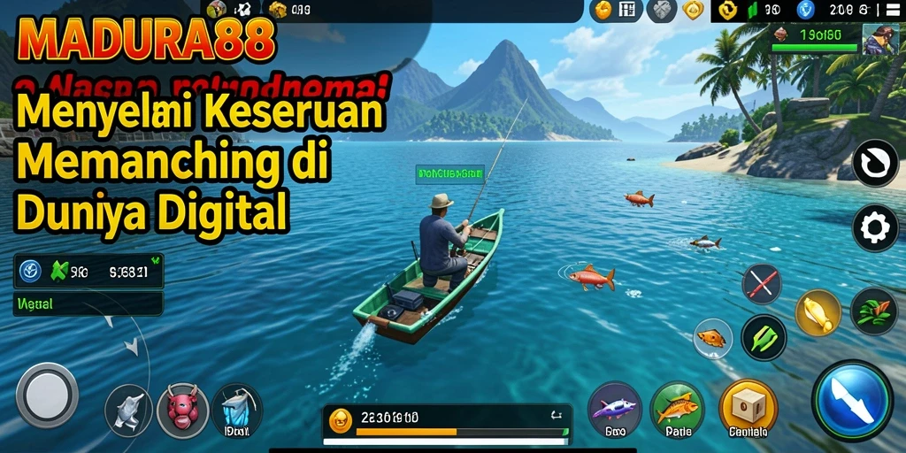 Tampilan gameplay <strong>MADURA88</strong> menunjukkan keseruan memancing di laut yang indah.