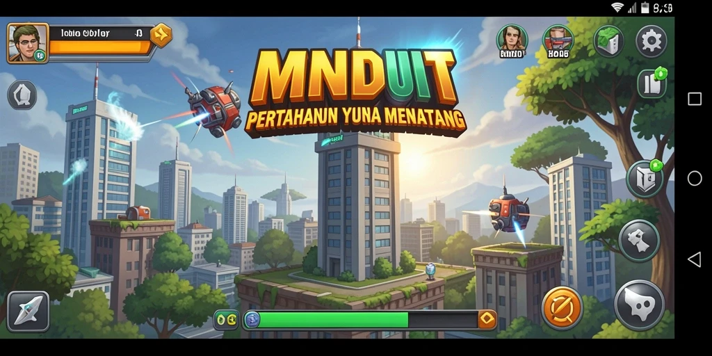 Tampilan gameplay MNDUIT yang menegangkan dengan menara pertahanan.