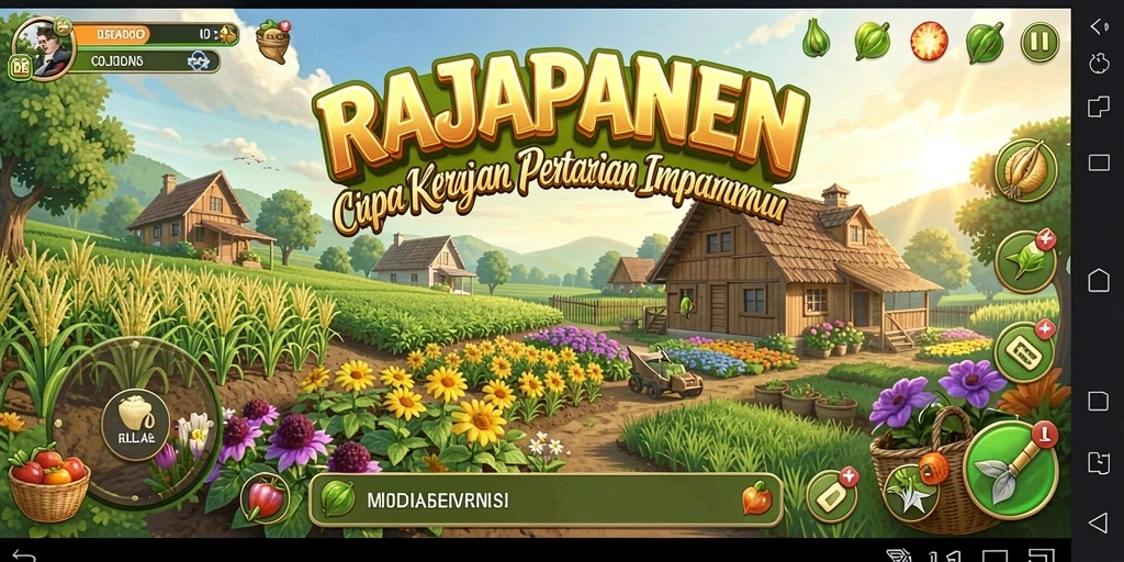 Screenshot gameplay RAJAPANEN menampilkan aktivitas pertanian yang ramai.