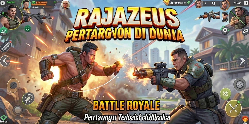 Tangkapan layar utama RAJAZEUS menampilkan aksi pertempuran Battle Royale yang seru.