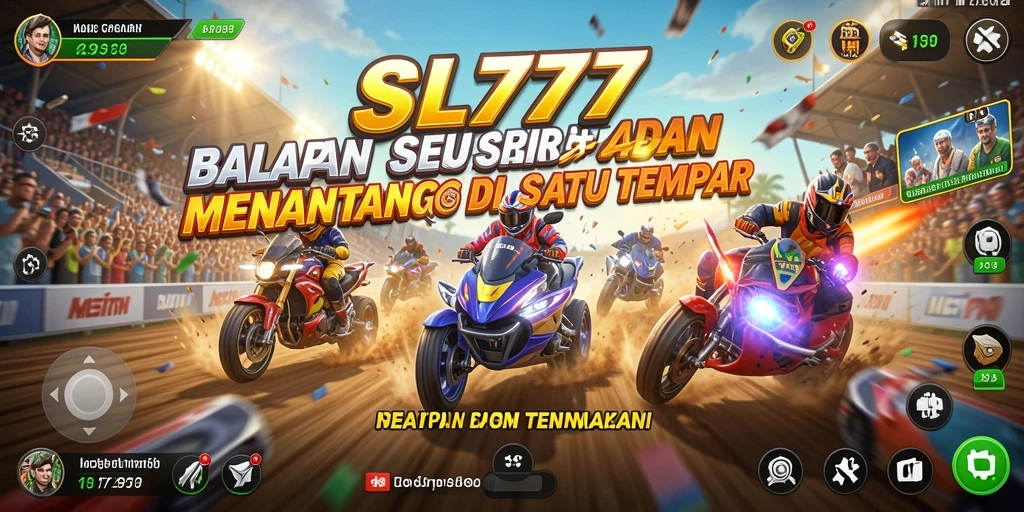 Screenshot utama SL777 menunjukkan momen balap yang mendebarkan di lintasan.